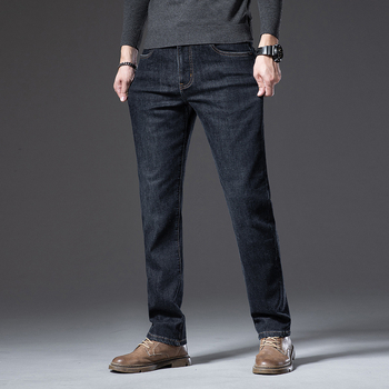 Férfi denim farmernadrág magas derekú, egyenes szabású, mosott felülettel és zseb részletekkel