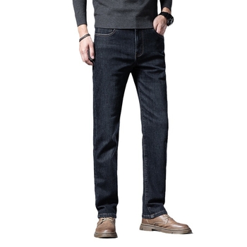 Férfi denim farmernadrág magas derekú, egyenes szabású, mosott felülettel és zseb részletekkel