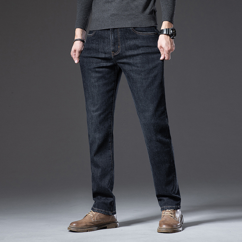 Férfi denim farmernadrág magas derekú, egyenes szabású, mosott felülettel és zseb részletekkel