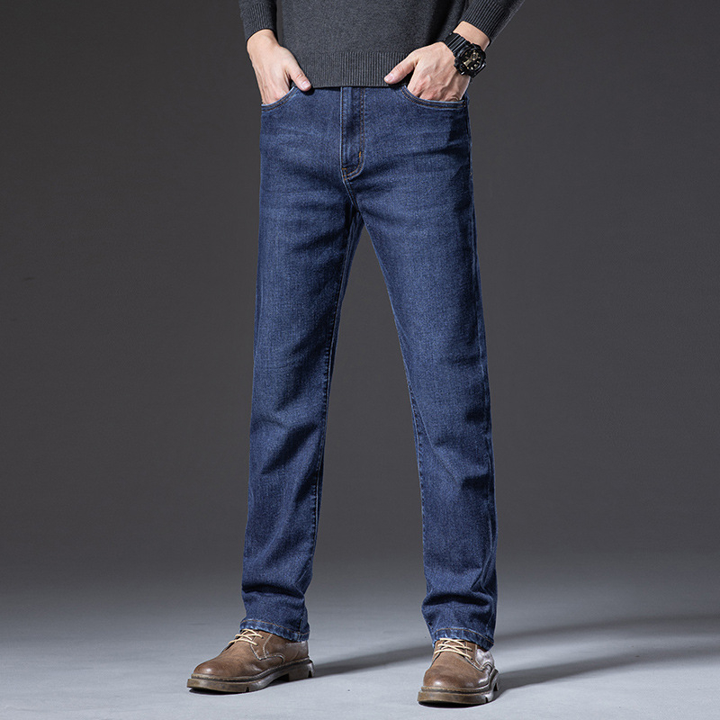 Férfi denim farmernadrág magas derekú, egyenes szabású, mosott felülettel és zseb részletekkel