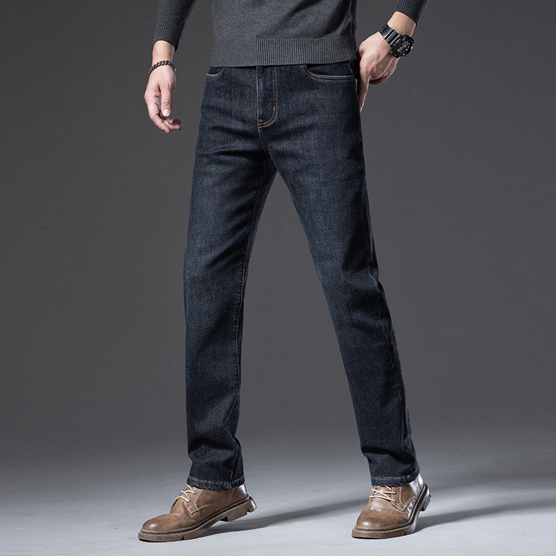 Férfi denim farmernadrág magas derekú, egyenes szabású, mosott felülettel és zseb részletekkel