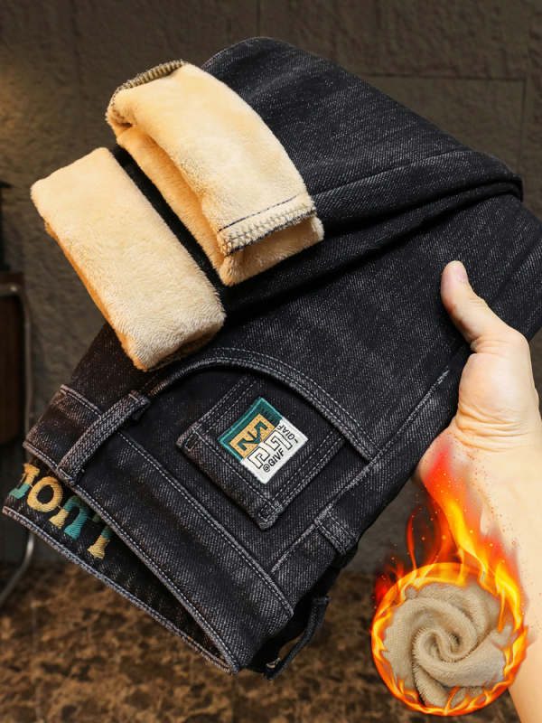 Ανδρικά τζιν – ίσια γραμμή, με επένδυση φλίς, μεσαία μέση, φερμουάρ, βαμβάκι 63%