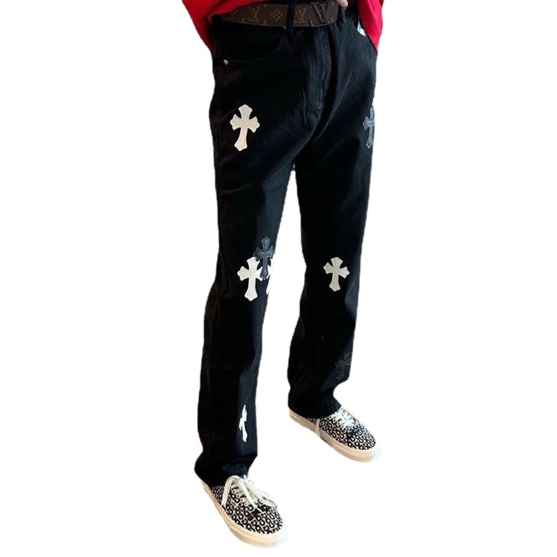 Unisex traperice ravnog kroja, opuštene, isprani efekt, križni motif