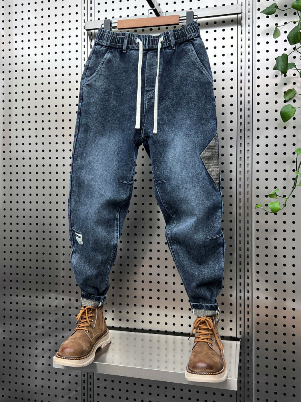 Muške traperice s patchworkom i vezanjem u struku – jesensko-zimski casual harém stil
