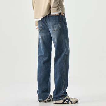 Jeanși denim bărbați, straight, căptușire fleece, talie medie, fermoar, spălare stone-washed