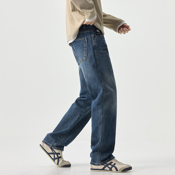 Jeanși denim bărbați, straight, căptușire fleece, talie medie, fermoar, spălare stone-washed