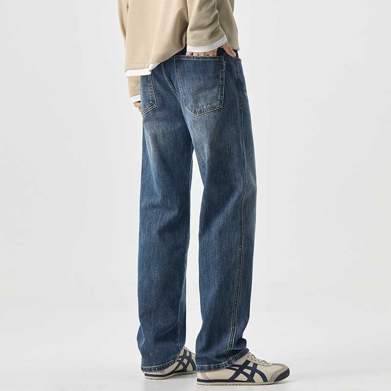 Jeanși denim bărbați, straight, căptușire fleece, talie medie, fermoar, spălare stone-washed