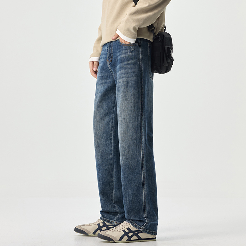 Jeanși denim bărbați, straight, căptușire fleece, talie medie, fermoar, spălare stone-washed