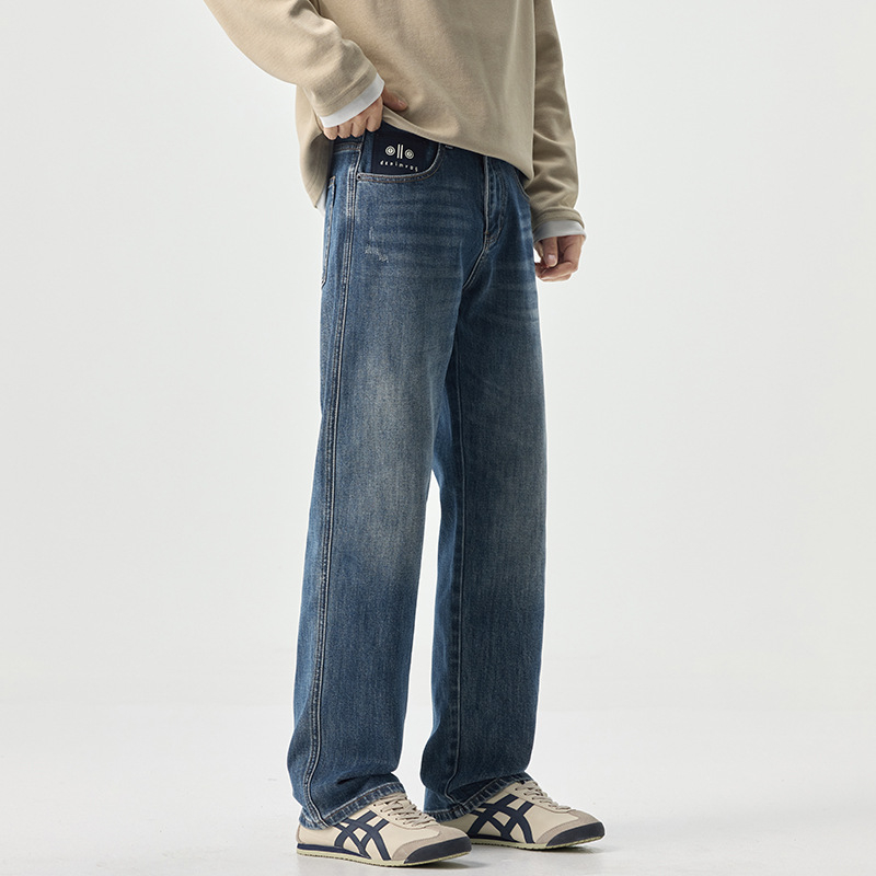 Jeanși denim bărbați, straight, căptușire fleece, talie medie, fermoar, spălare stone-washed