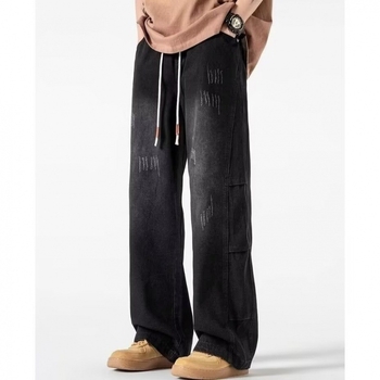 Férfiaknak szóló farmernadrág, amerikai retro stílus, egyenes szabás, mosott, derekán húzózsinórral, poliészter-keverék