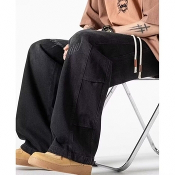 Férfiaknak szóló farmernadrág, amerikai retro stílus, egyenes szabás, mosott, derekán húzózsinórral, poliészter-keverék