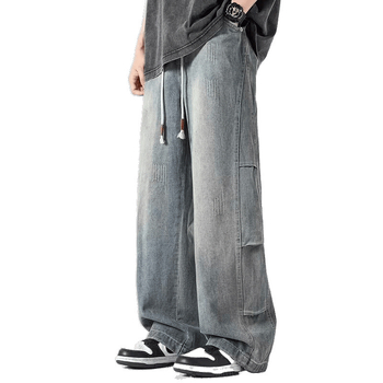 Férfiaknak szóló farmernadrág, amerikai retro stílus, egyenes szabás, mosott, derekán húzózsinórral, poliészter-keverék