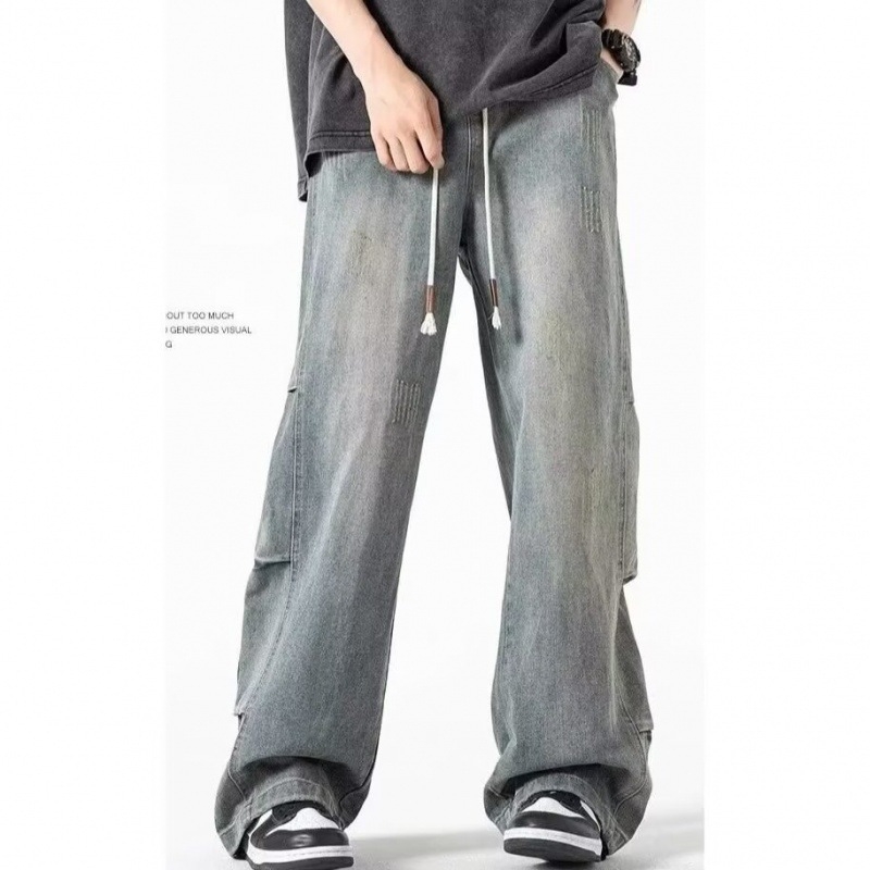 Férfiaknak szóló farmernadrág, amerikai retro stílus, egyenes szabás, mosott, derekán húzózsinórral, poliészter-keverék