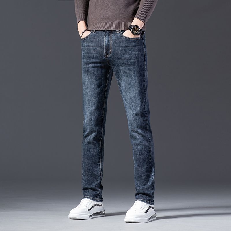 Férfi őszi farmernadrág — karcsú, egyenes szabás, poliészter-keverék, fleece bélés, dupla deréköv