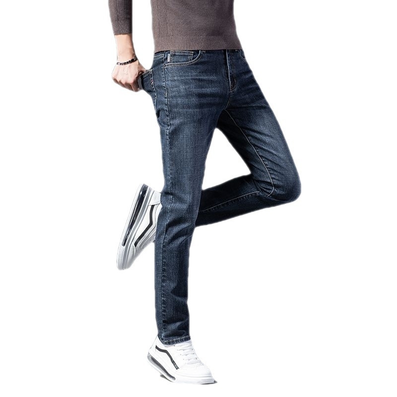 Férfi őszi farmernadrág — karcsú, egyenes szabás, poliészter-keverék, fleece bélés, dupla deréköv