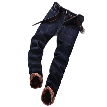 Férfi fleece-sel bélelt slim-fit farmer, középmagasságú derék és kötőzáras zárás