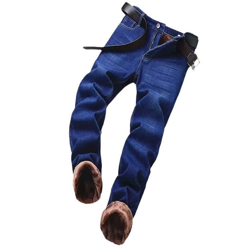 Férfi fleece-sel bélelt slim-fit farmer, középmagasságú derék és kötőzáras zárás