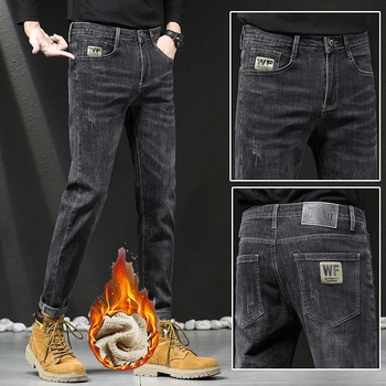 Férfi farmer nadrág – egyenes szabás, fleece bélés, magas derék, cipzár, pamut 61,4% / poliészter 37,8% / spandex 0,8%, téli modell 2025