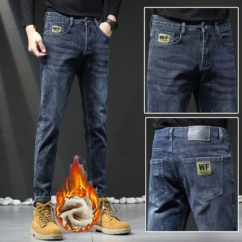 Férfi farmer nadrág – egyenes szabás, fleece bélés, magas derék, cipzár, pamut 61,4% / poliészter 37,8% / spandex 0,8%, téli modell 2025