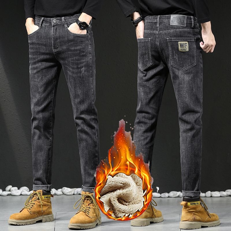 Férfi farmer nadrág – egyenes szabás, fleece bélés, magas derék, cipzár, pamut 61,4% / poliészter 37,8% / spandex 0,8%, téli modell 2025