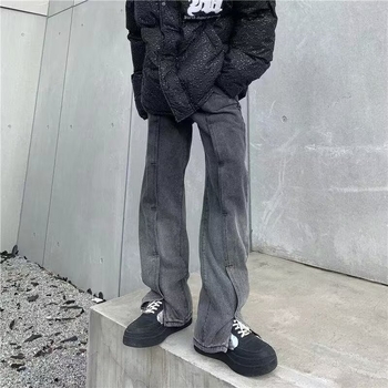 Férfi farmernadrág split dizájn, fleece belső béléssel, középmagasságú derék, egyenes szárú, tavasz- és őszre