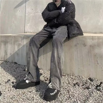 Férfi farmernadrág split dizájn, fleece belső béléssel, középmagasságú derék, egyenes szárú, tavasz- és őszre