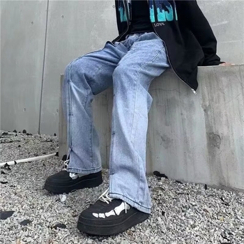 Férfi farmernadrág split dizájn, fleece belső béléssel, középmagasságú derék, egyenes szárú, tavasz- és őszre