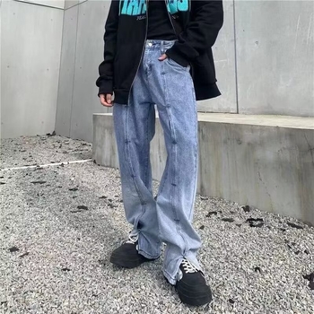 Férfi farmernadrág split dizájn, fleece belső béléssel, középmagasságú derék, egyenes szárú, tavasz- és őszre