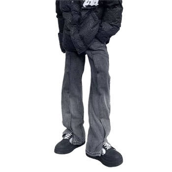 Férfi farmernadrág split dizájn, fleece belső béléssel, középmagasságú derék, egyenes szárú, tavasz- és őszre