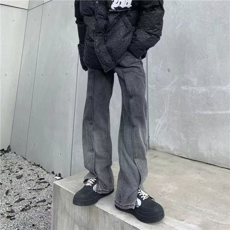 Férfi farmernadrág split dizájn, fleece belső béléssel, középmagasságú derék, egyenes szárú, tavasz- és őszre