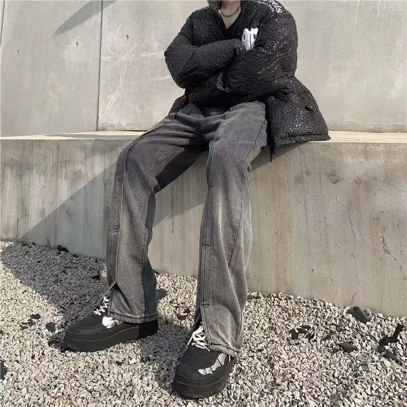 Férfi farmernadrág split dizájn, fleece belső béléssel, középmagasságú derék, egyenes szárú, tavasz- és őszre