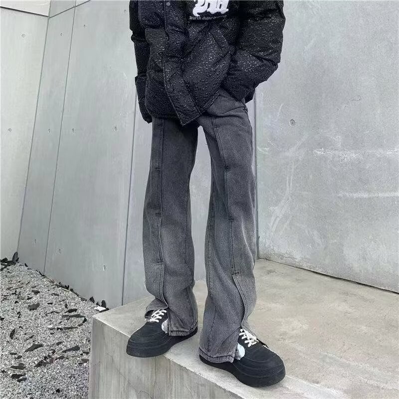 Férfi farmernadrág split dizájn, fleece belső béléssel, középmagasságú derék, egyenes szárú, tavasz- és őszre