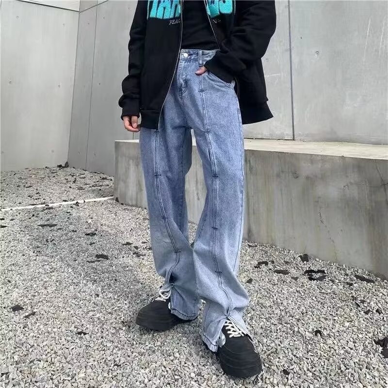 Férfi farmernadrág split dizájn, fleece belső béléssel, középmagasságú derék, egyenes szárú, tavasz- és őszre