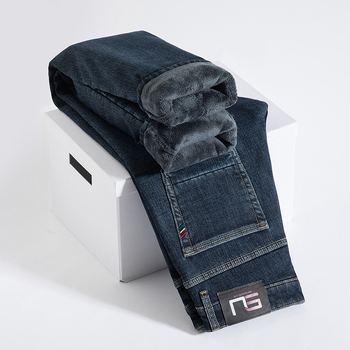 Férfi farmernadrág egyenes szabású, fleece-sel bélelt, pamut denim, középső derék, télre