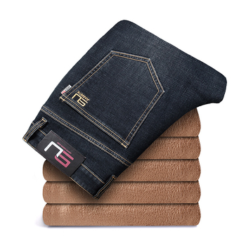 Férfi farmernadrág egyenes szabású, fleece-sel bélelt, pamut denim, középső derék, télre