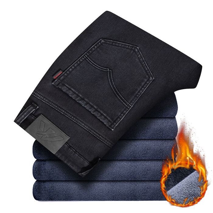 Férfi farmernadrág egyenes szabású, fleece-sel bélelt, pamut denim, középső derék, télre