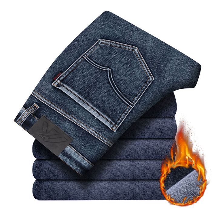 Férfi farmernadrág egyenes szabású, fleece-sel bélelt, pamut denim, középső derék, télre