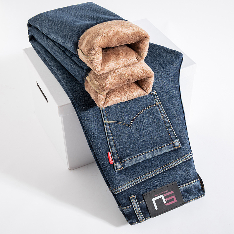 Férfi farmernadrág egyenes szabású, fleece-sel bélelt, pamut denim, középső derék, télre