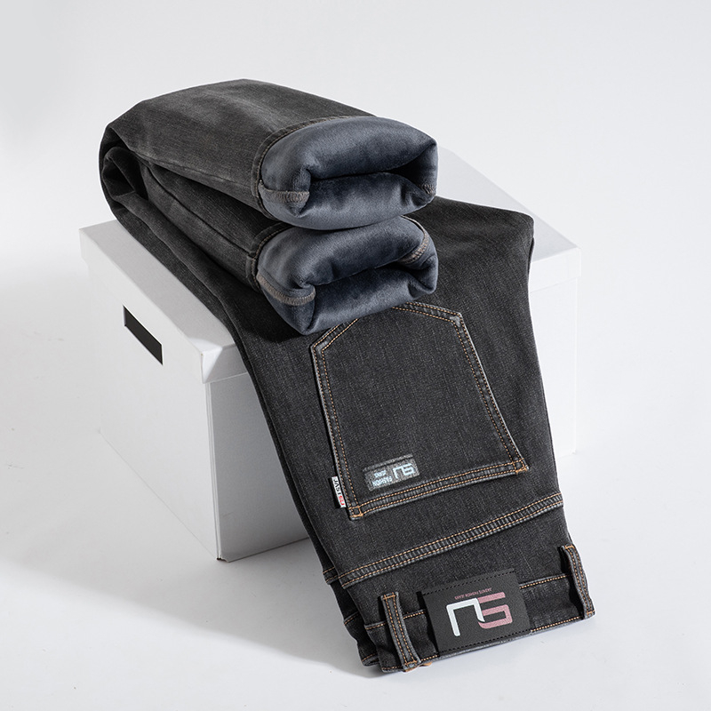 Férfi farmernadrág egyenes szabású, fleece-sel bélelt, pamut denim, középső derék, télre