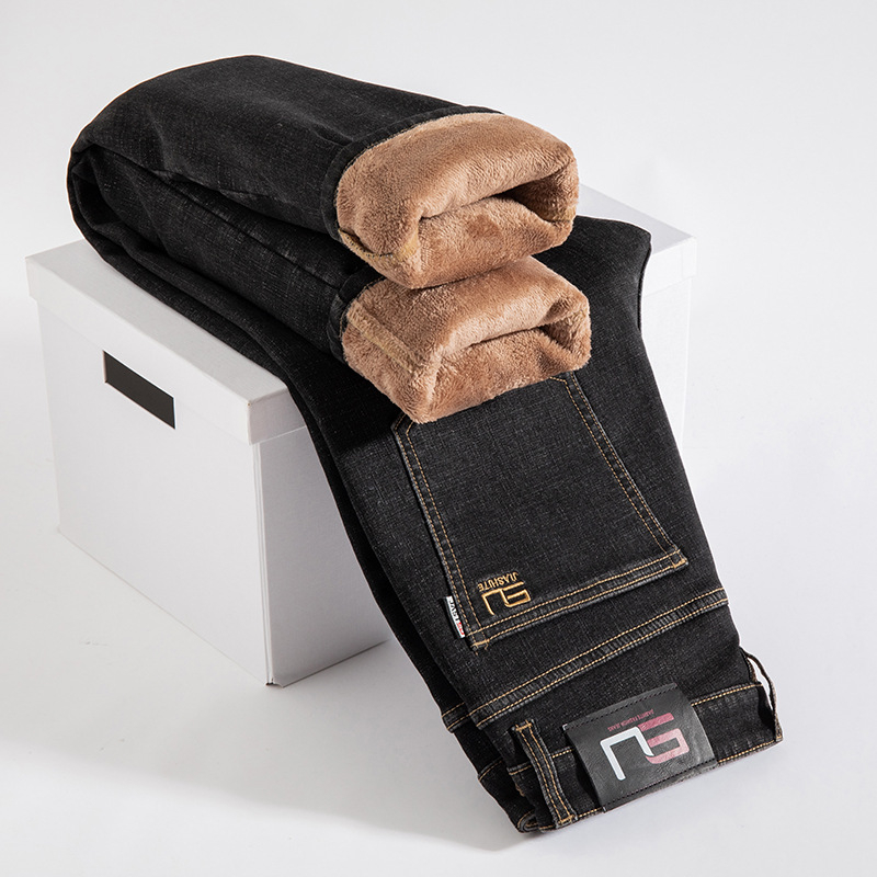 Férfi farmernadrág egyenes szabású, fleece-sel bélelt, pamut denim, középső derék, télre