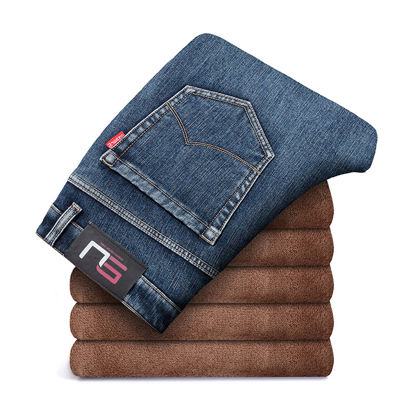 Férfi farmernadrág egyenes szabású, fleece-sel bélelt, pamut denim, középső derék, télre