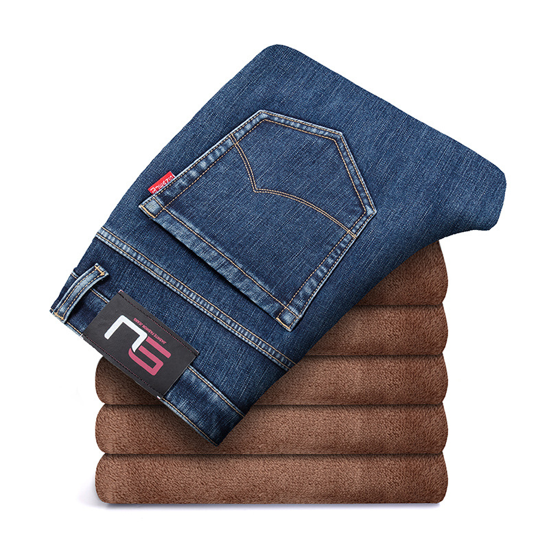 Férfi farmernadrág egyenes szabású, fleece-sel bélelt, pamut denim, középső derék, télre