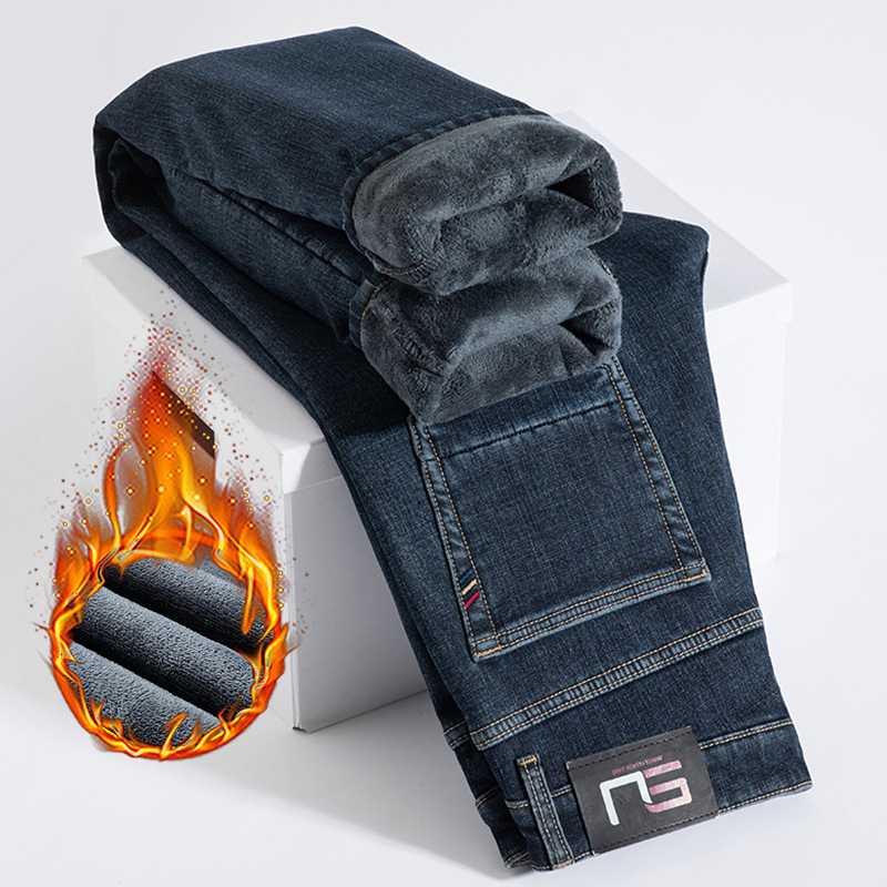 Férfi farmernadrág egyenes szabású, fleece-sel bélelt, pamut denim, középső derék, télre