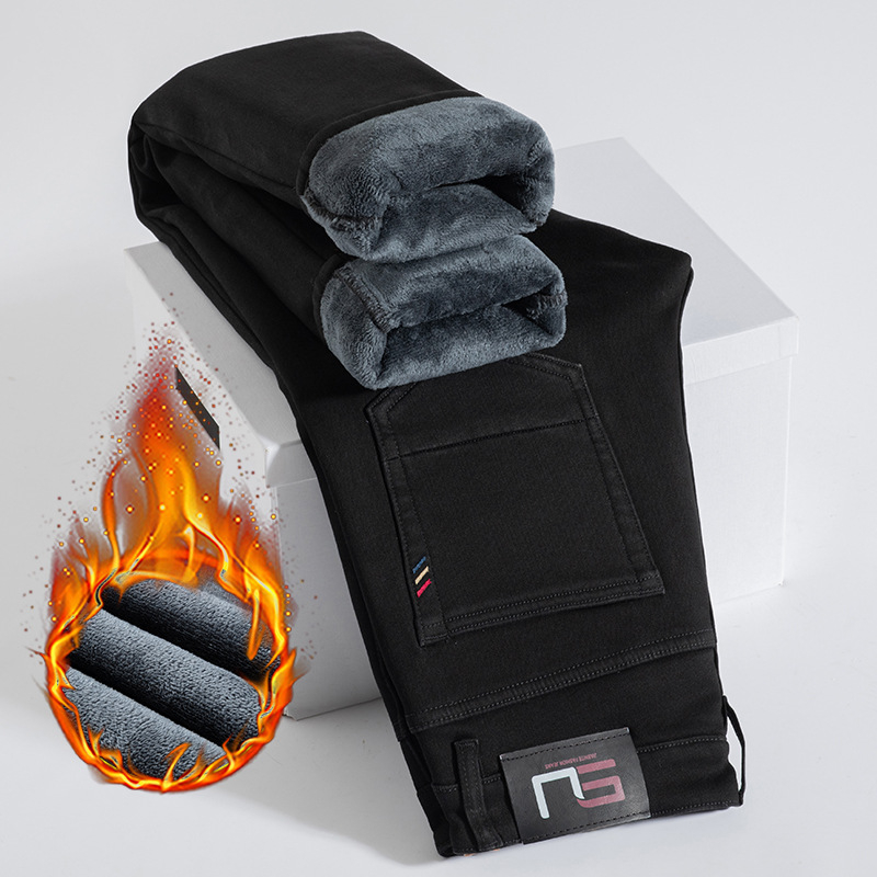 Férfi farmernadrág egyenes szabású, fleece-sel bélelt, pamut denim, középső derék, télre