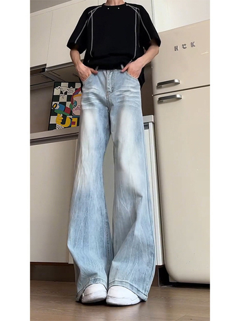 Férfi farmer amerikai retro stílusú, széles szabás, fleece-béléssel, koreai változat, középmagasságú derék, gombos zárás