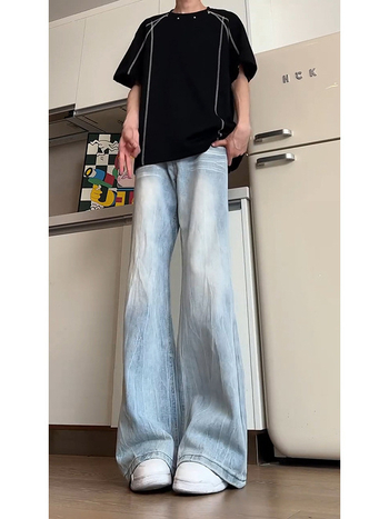 Férfi farmer amerikai retro stílusú, széles szabás, fleece-béléssel, koreai változat, középmagasságú derék, gombos zárás