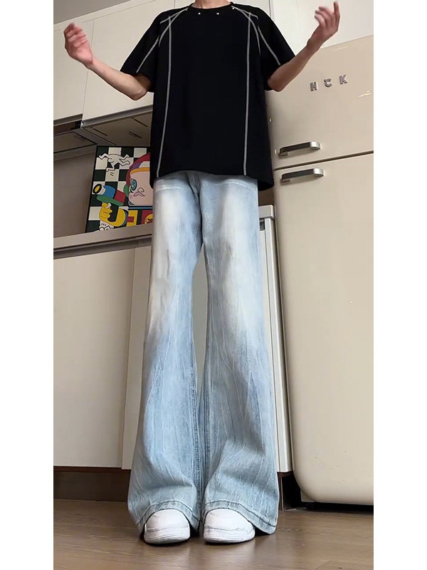 Férfi farmer amerikai retro stílusú, széles szabás, fleece-béléssel, koreai változat, középmagasságú derék, gombos zárás