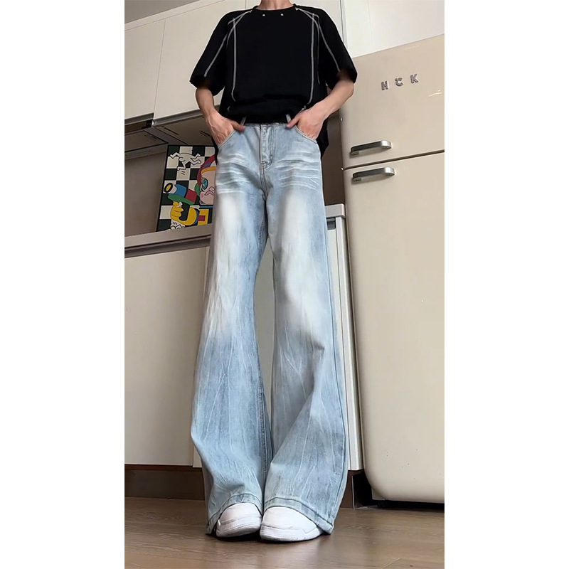 Férfi farmer amerikai retro stílusú, széles szabás, fleece-béléssel, koreai változat, középmagasságú derék, gombos zárás