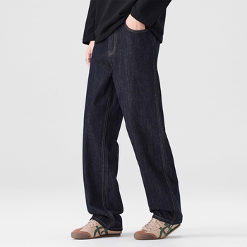 Blugi bărbați cu croială dreaptă, căptușeală fleece, denim din bumbac, talie medie, fermoar