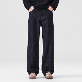 Blugi bărbați cu croială dreaptă, căptușeală fleece, denim din bumbac, talie medie, fermoar